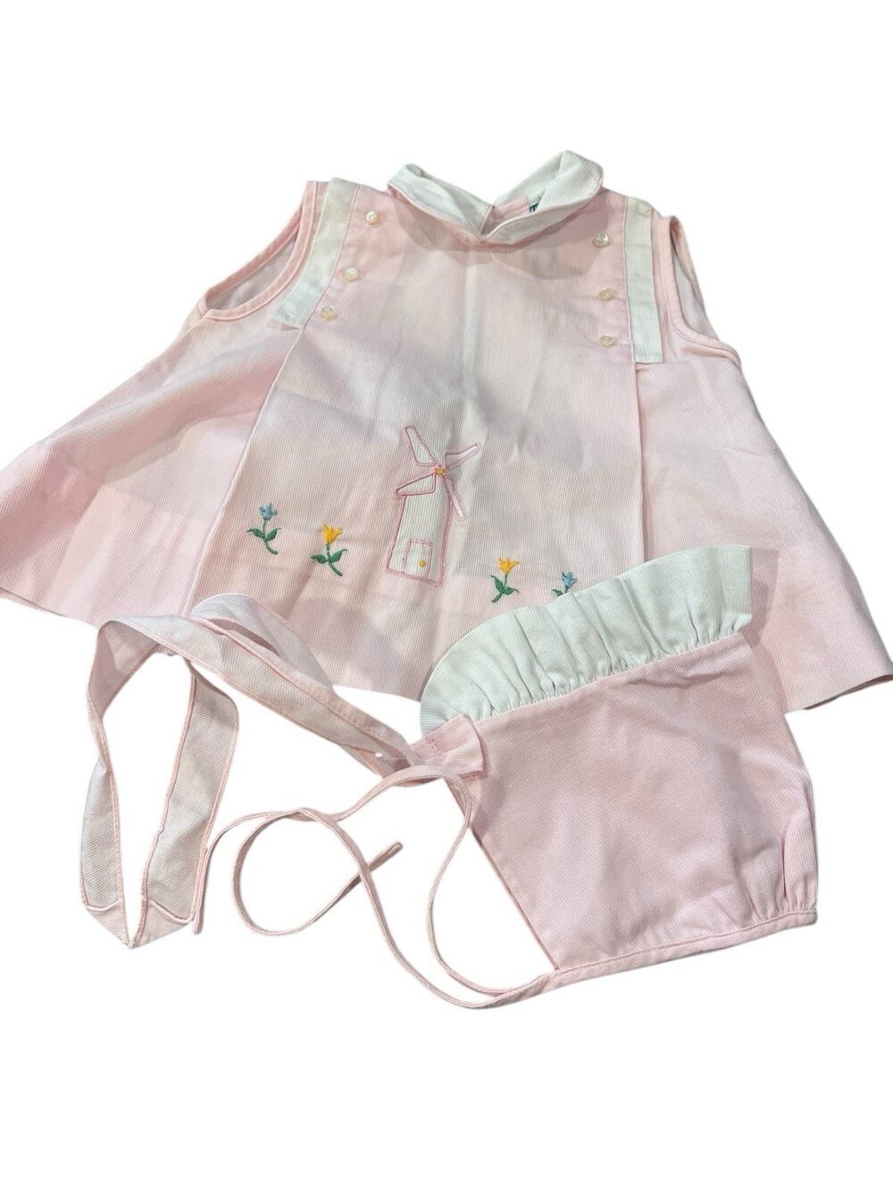 Infant Girl 0-3 months Pink Vintage Dress With Bonnet Embroidered Sleeveless